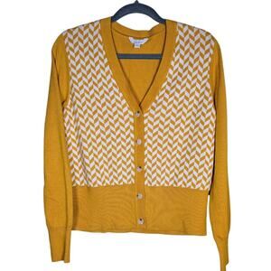 Lady Hagen Yellow/Cream Herringbone V-Neck Button Cardigan Golf Sweater Womens M
